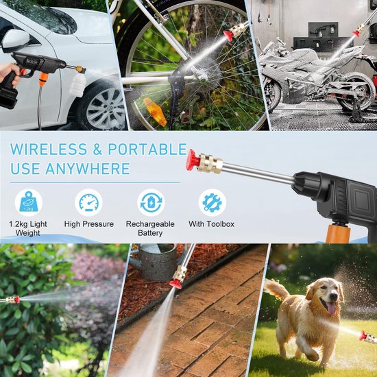 Hogedrukreiniger, Max 90 Bar Draagbare Mobiele Hogedrukreiniger met 2 x 6000 mAh Accu, 6-in-1 Multi-spray Sproeikop, 5M Slang, Verlenglans, Tuingereedschap voor Huisdieren en Auto — afbeelding 5