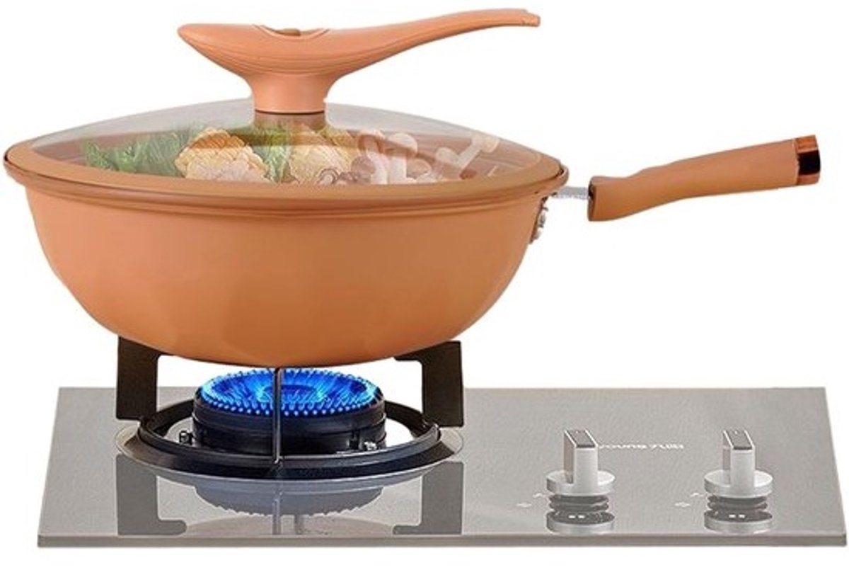 Wokpan van ijzer - Chinese braadpan - Snel garen - Energieconcentrerende bodem - 51 x 32 x 24 cm - Bruin