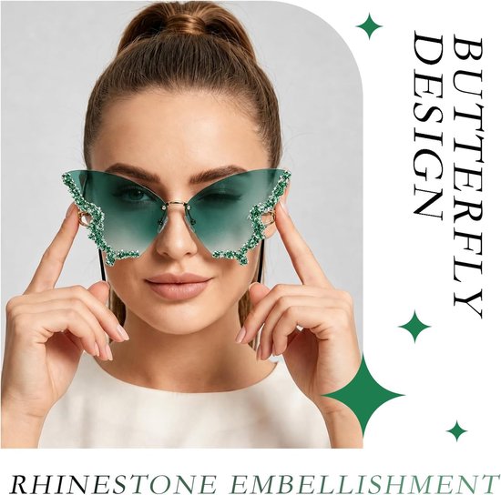 Zonnebril Dames - Randloze Vintage Rimless Sunglasses met Steentjes - Festival Accessoires voor Dames incl. Brillenzakje - Emerald Groen van Zonnebril Dames — afbeelding 2