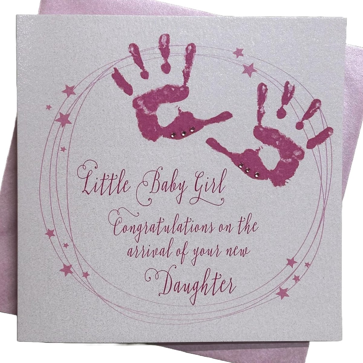 Cotton Cards Roze handafdrukken Little Girl Gefeliciteerd met de komst van uw dochter handgemaakte nieuwe babykaart, BD228