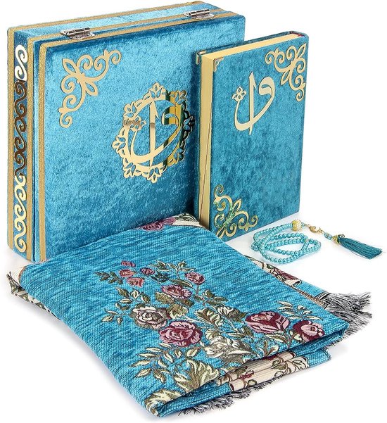 islamitische fluwelen geschenkdoos, 4-delige luxe set bekleed met elegant koranfluweel en Tesbih gebedskralen en gebedkleed, petroleum — afbeelding 5