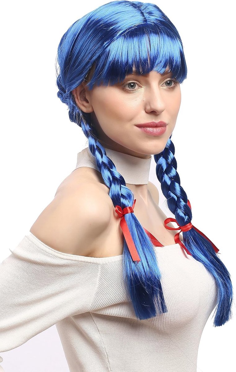 Damespruik, Carnaval, Cosplay, Gevlochten haar met strikjes, Pony, Schoolmeisje, Lolita-stijl, Blauw, ca. 60 cm