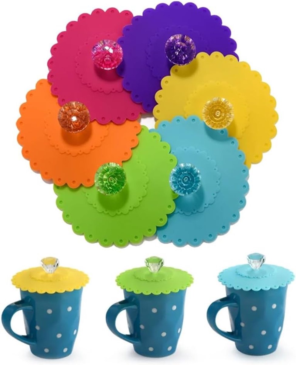 Set van 6 Drinkglazen Deksel - Voedselveilige Siliconen Lids voor Koffie, Bier en Drankglazen, Bescherming tegen Stof en Vuil