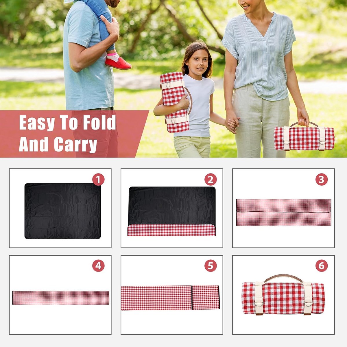 Gain Waterdichte picknickdeken draagbaar met draagriem voor strandmat of familie outdoor camping party, groot opvouwbaar zandbestendig voor nat gras wandelen of kinderspeelplaats