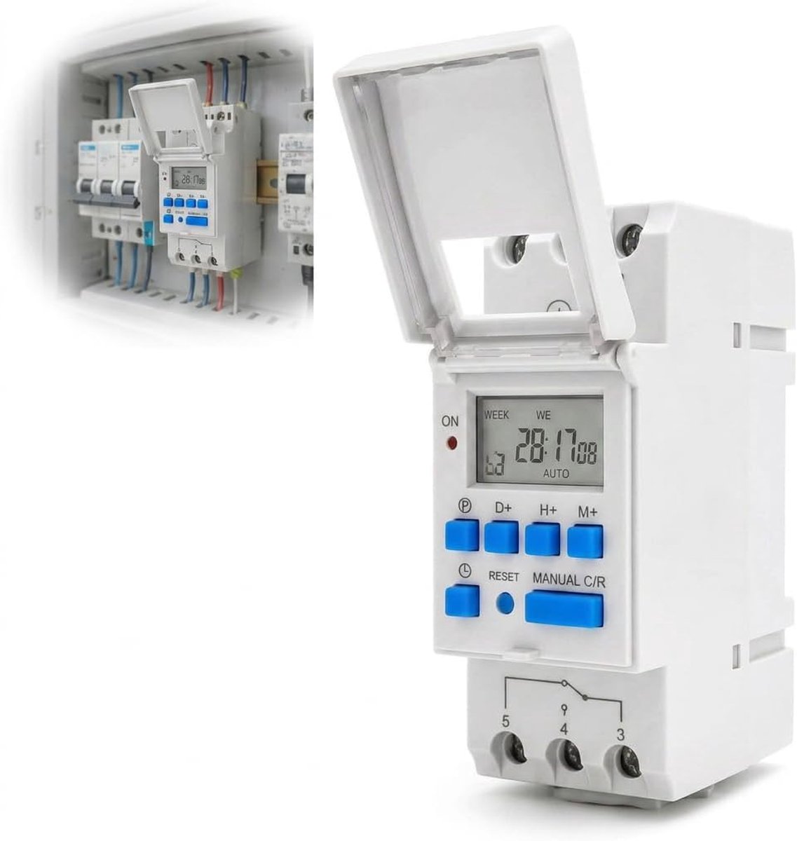 timer, timer voor elektrisch schakelpaneel en thermoskan, programmeerstopcontact met lcd-display, montage op DIN-rail, energiebesparing