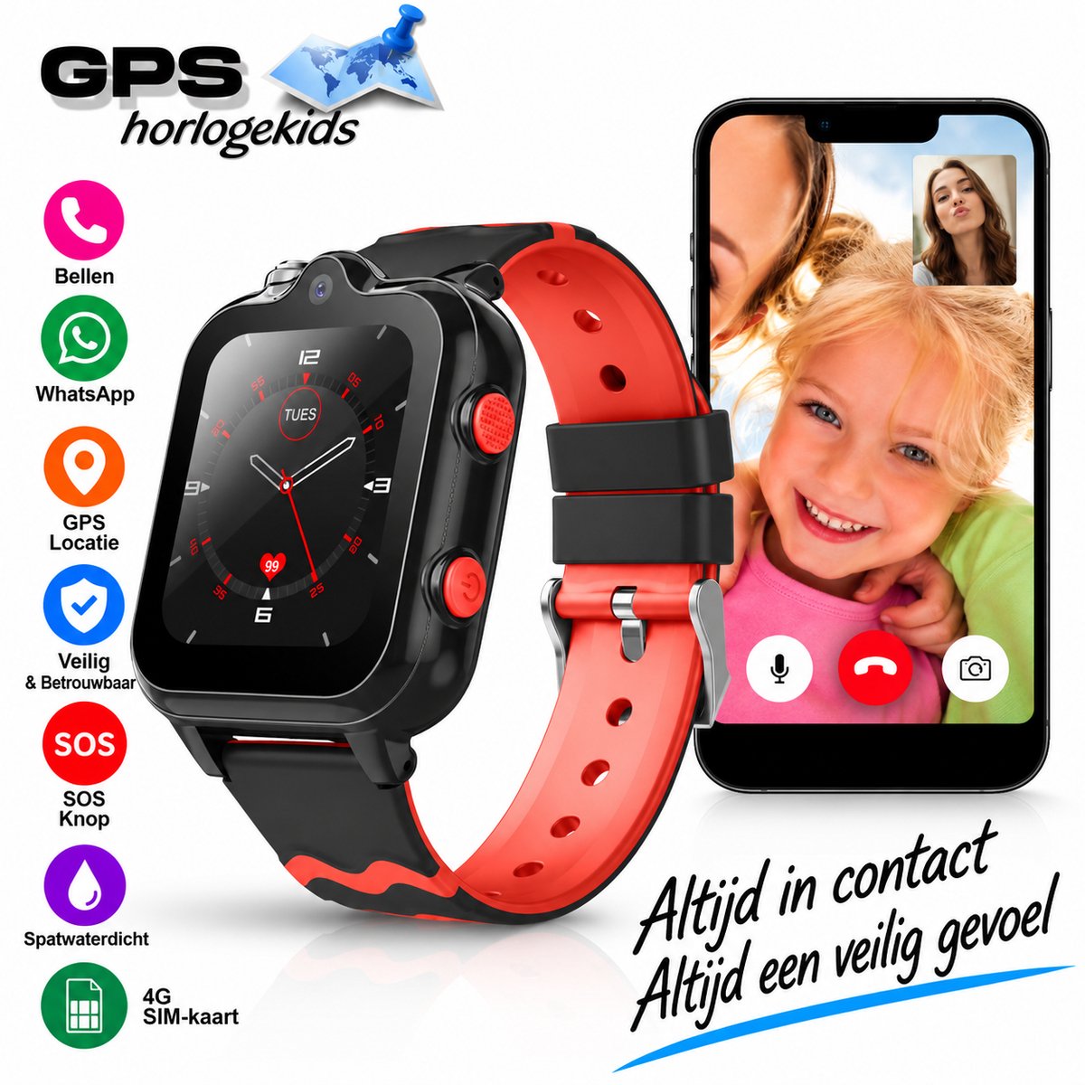Bol.com GPSHorlogeKids© - GPS horloge kind - smartwatch kinderen - WhatsApp - 4G videobellen - spatwaterdicht - SOS alarm - Dual... aanbieding