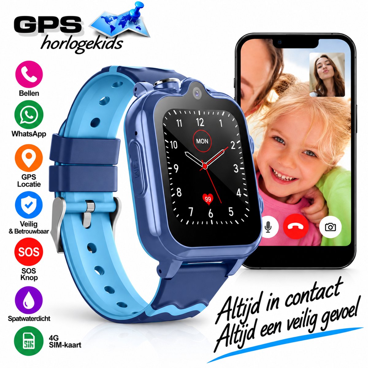 Bol.com GPSHorlogeKids© - GPS horloge kind - smartwatch kinderen - WhatsApp - 4G videobellen - spatwaterdicht - SOS alarm - Dual... aanbieding