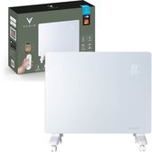 Witte Varin convectorkachel met wieltjes, naast de verpakking met afstandsbediening en accessoires.
