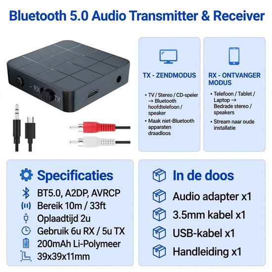 Bluetooth 5.0 Audio Zender & Ontvanger 2-in-1 – Draadloze AUX Adapter voor TV, Autoradio, Stereo, Speakers & Koptelefoon — afbeelding 4