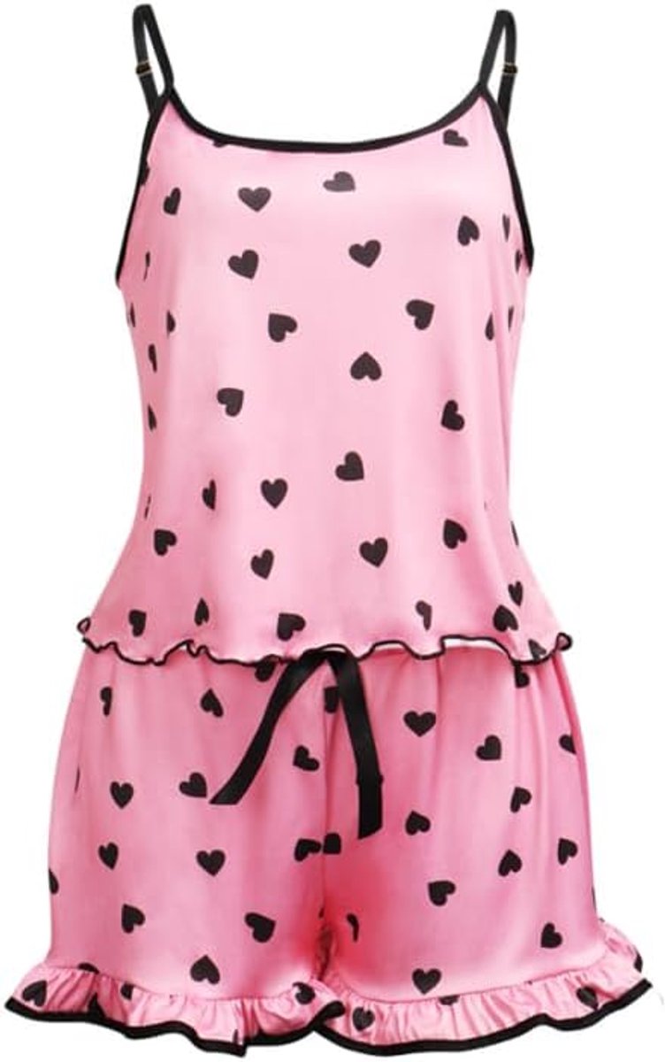 Pyjama voor dames, tweedelige korte pyjamaset met hartprint, sexy, zijde, mouwloos, buikvrije top, camisole en korte broek, nachtkleding, zomer, overhemd, pyjama, huispak, loungewear