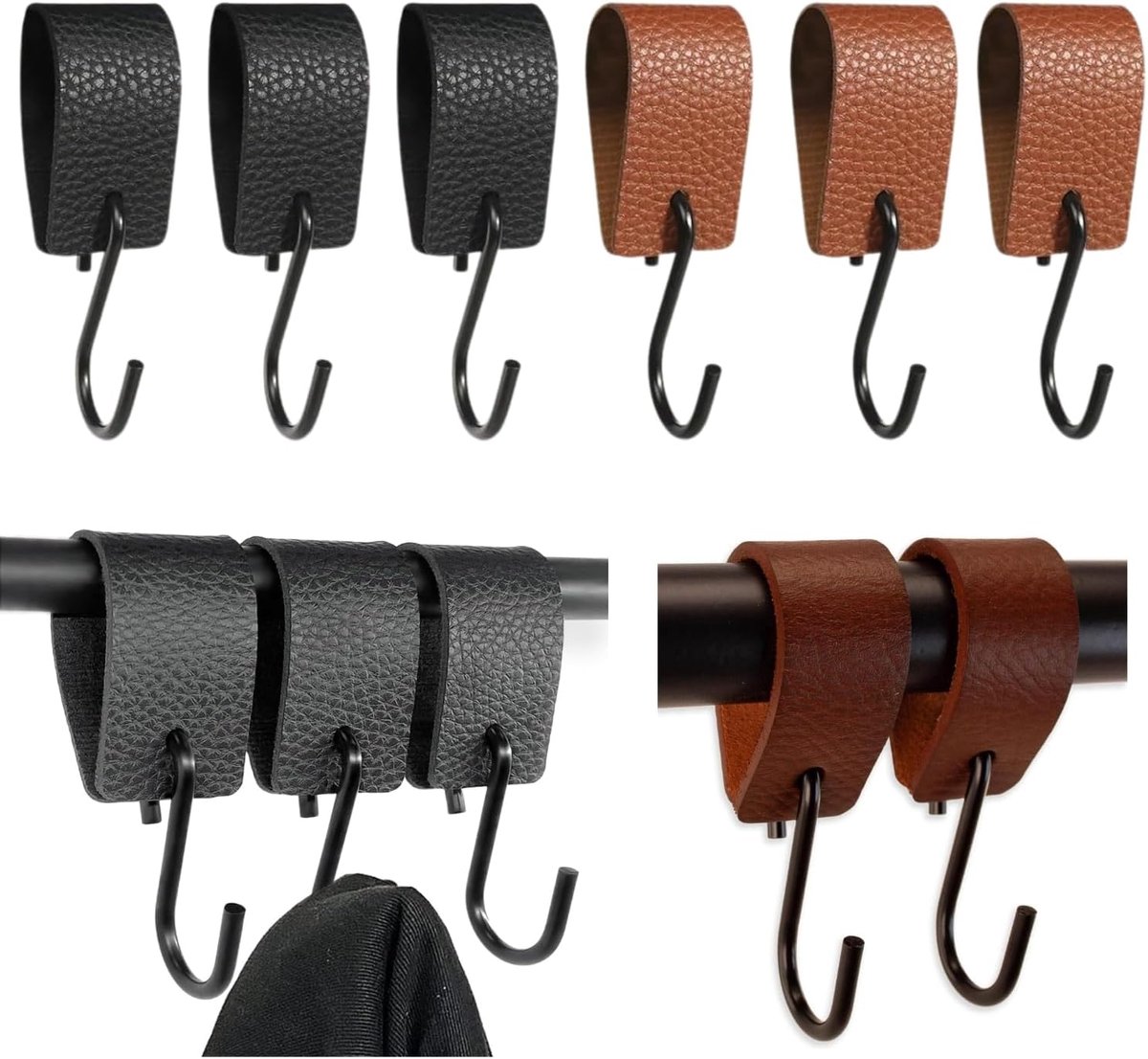 6 S-haken met leren gesp (3 zwart, 3 bruin) – multifunctionele haken voor keuken, badkamer, slaapkamer en kantoor
