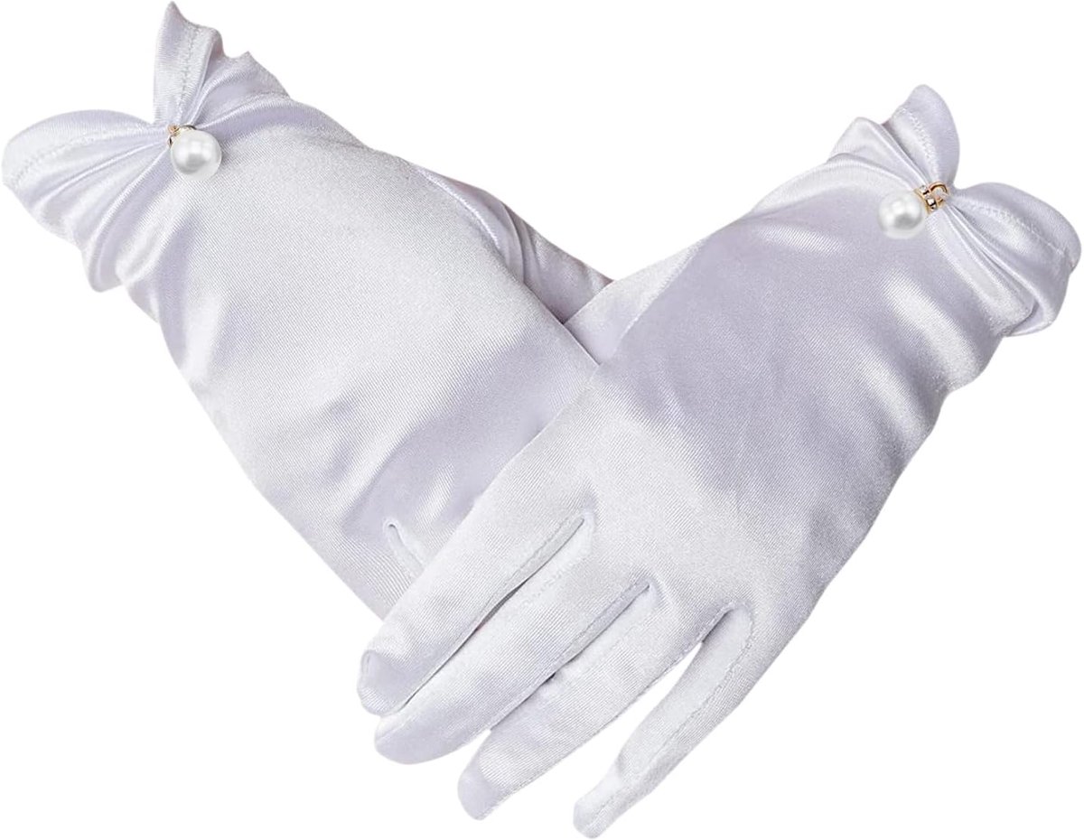 Vakantie, bruiloft, pageant, wit, satijnen handschoenen, prinsessenhandschoen