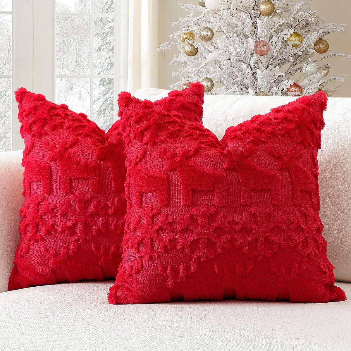 Zachte Pluche Wol Kussenhoezen met Kerstmotief voor Sofa en Slaapkamer - Wapiti en Sneeuwvlokken, 40x40cm, Luxe Decoratie