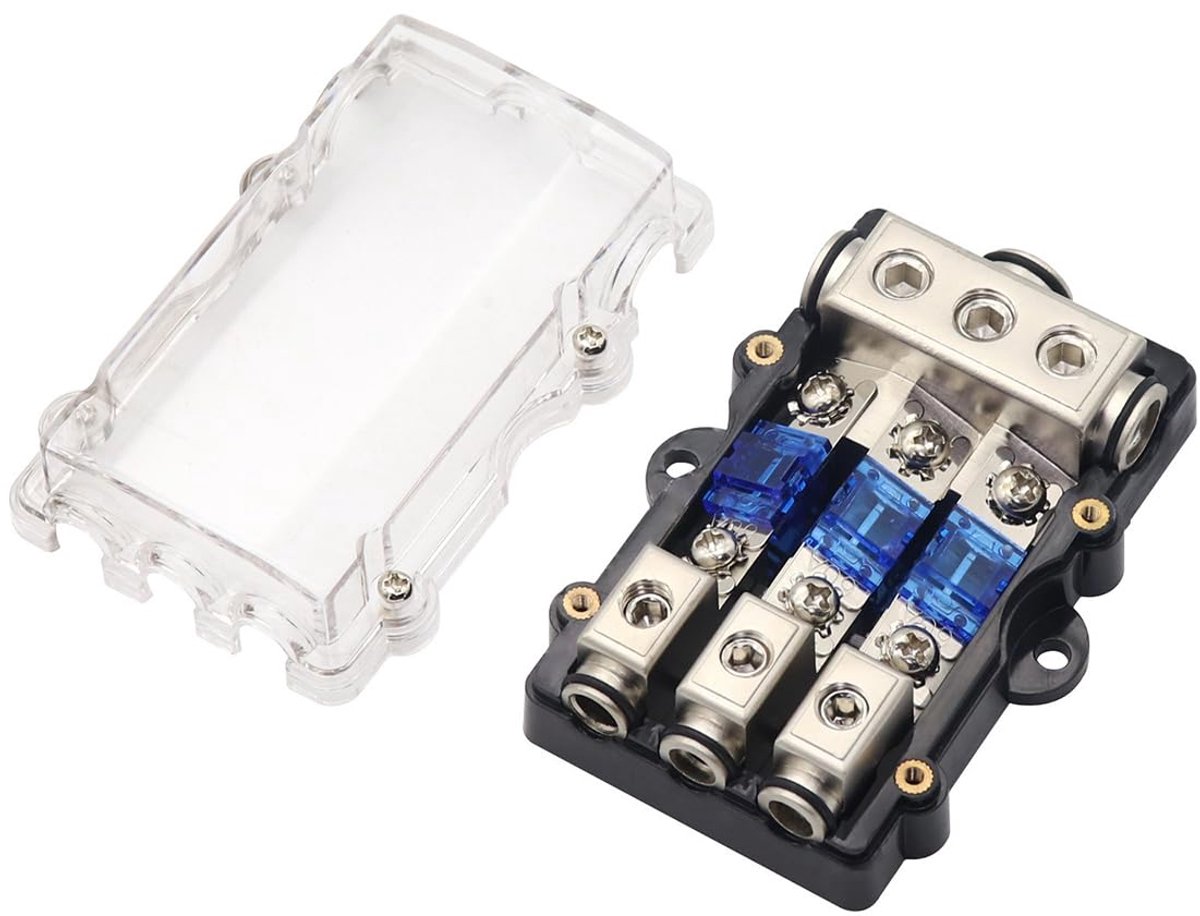 3-voudig HIMOZEAN Audio Verdeelblok voor camper en auto, mini ANL-zekeringhouder, autoaccu verdeelblok, caravan zekeringskast, 25mm² IN, 10mm² UIT, zekeringen 30A, 60A, 80A, 100A