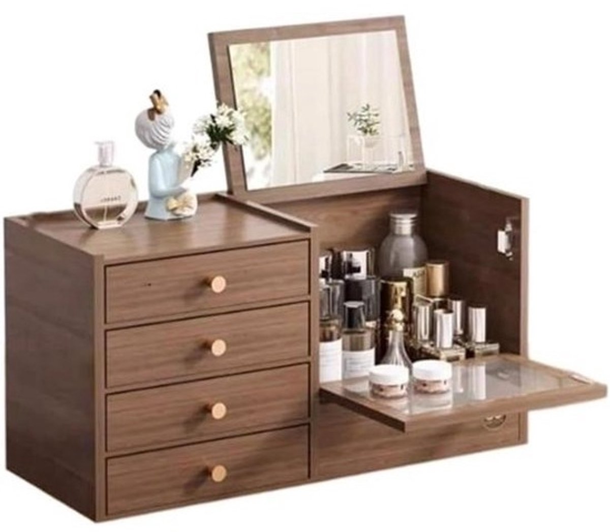 Make-up doos - Opberger Organizer - Sieraden Opbergen - Met Ingebouwde Spiegel - 48.5 cm - Houtkleur