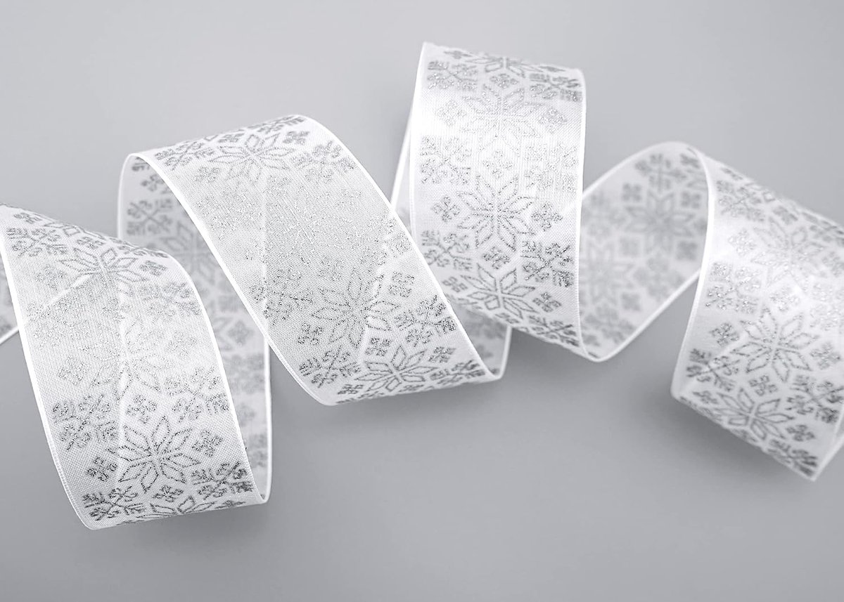 20 m x 40 mm decoratief lint folklore wit zilver cadeaulint met vormvaste randen ornament patroon lint decoratief glanzend lint Kerstmis versieren geschenkverpakking glitter