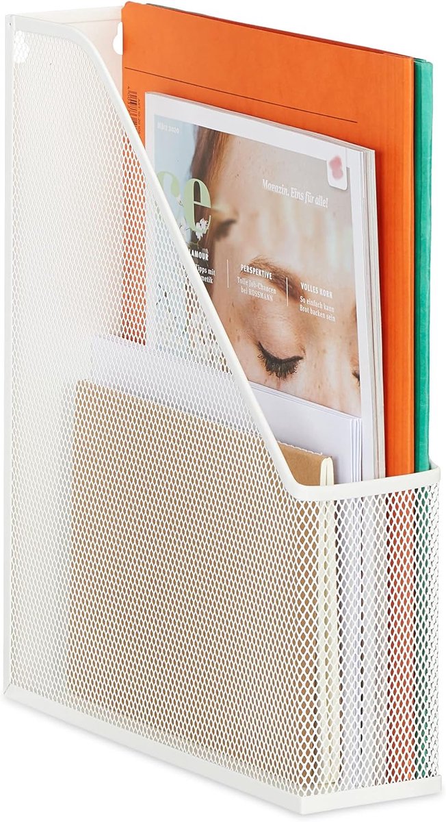 Tijdschriftencassette metaal, A4, HxBxD: 31,5 x 7 x 25 cm, staande magazinehouder, voor kantoor & bureau, wit