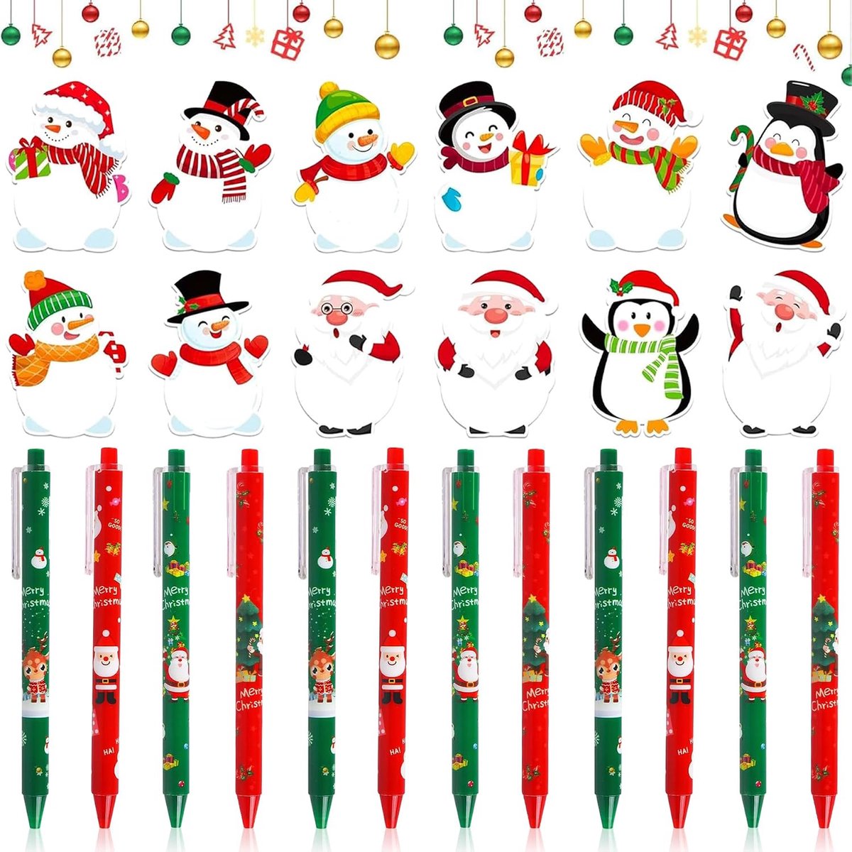 24 x balpen kerstset, 12 x zelfklevende notities voor Kerstmis, 12 x 0,5 mm kerstbalpen, kerstfeest, geschenkzakvullers, student, schrijfwaren voor Kerstmis