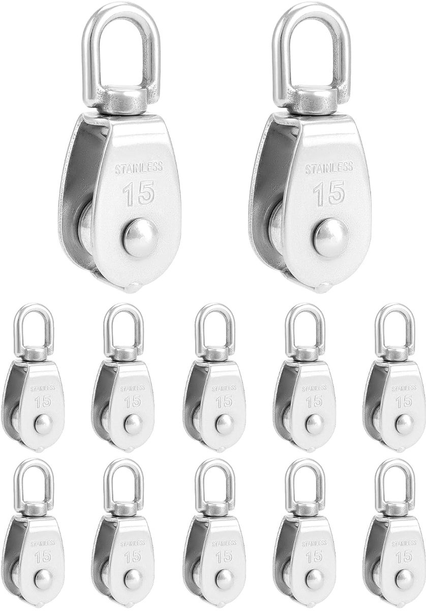 12 stuks M15 katrol, 304 RVS katrollen voor staalkabels tot 6 mm diameter, draagvermogen 35 kg
