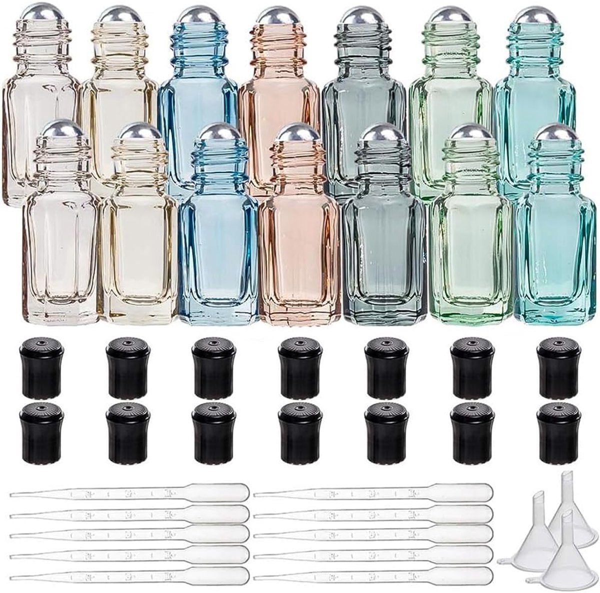 Lege flessen van 3 ml met etherische oliën van dik glas in 7 verschillende kleuren, glazen fles met blikopener, pipetten, emudo's voor aromatherapie, 14 stuks
