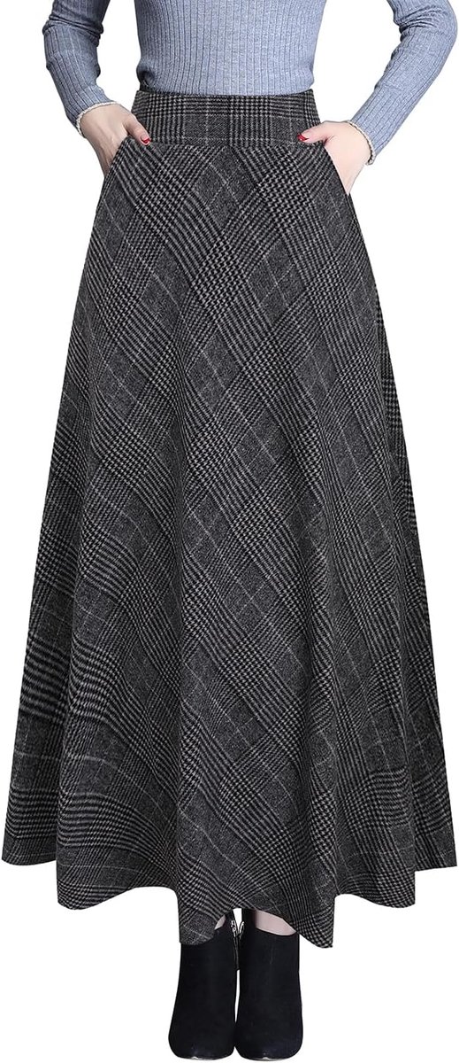 Geruite maxi-damesrok voor de winter, met elegante hoge taille, warme wollen lange elastische getailleerde plooirok, S-3XL