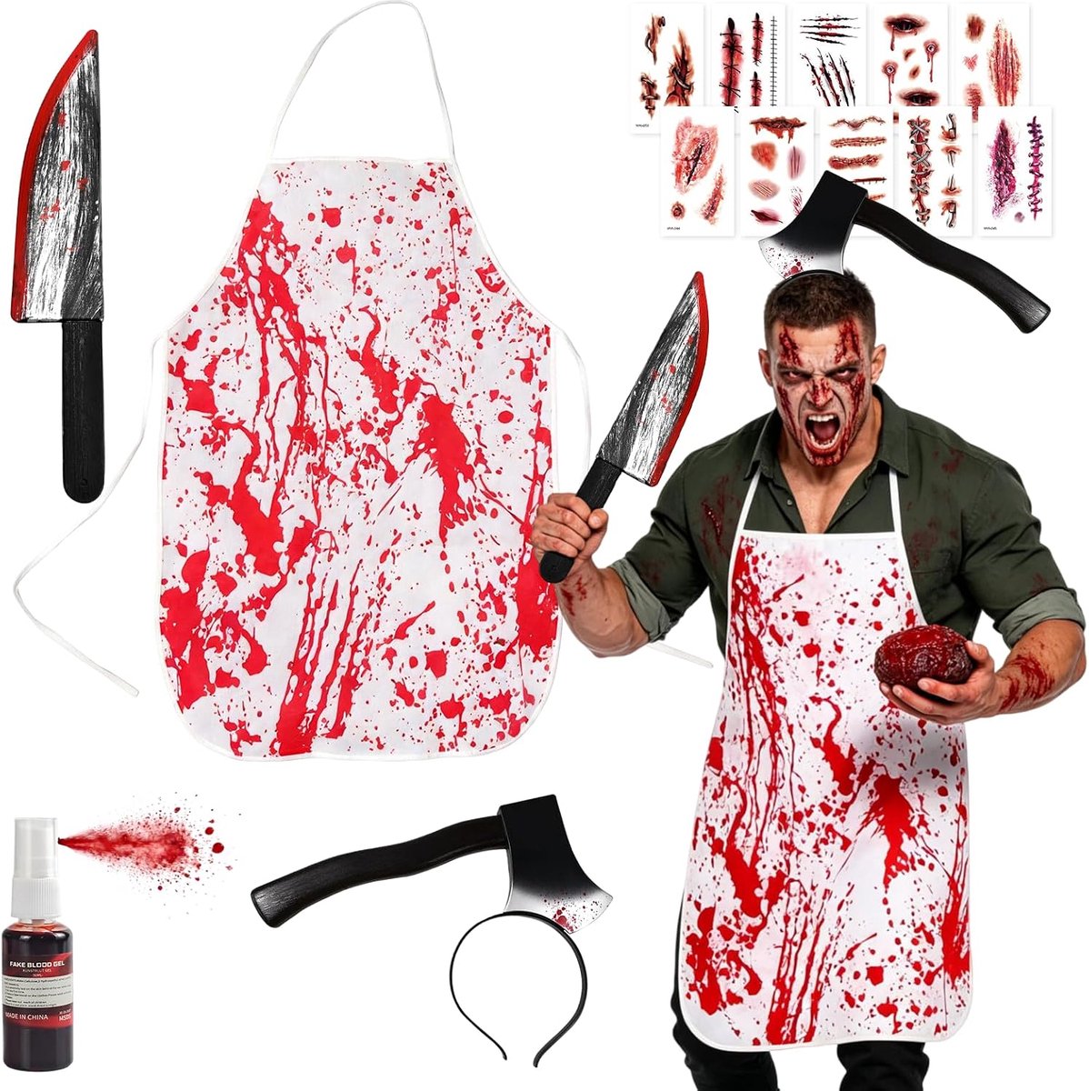 Slagerskostuum, met Bloed Bevlekte Slagersschort en Mes, Bijl Halloween-Hoofdband, Tatoeage-Littekens, Halloween-Horrorkostuum voor Mannen en Vrouwen, voor Carnaval, Cosplay