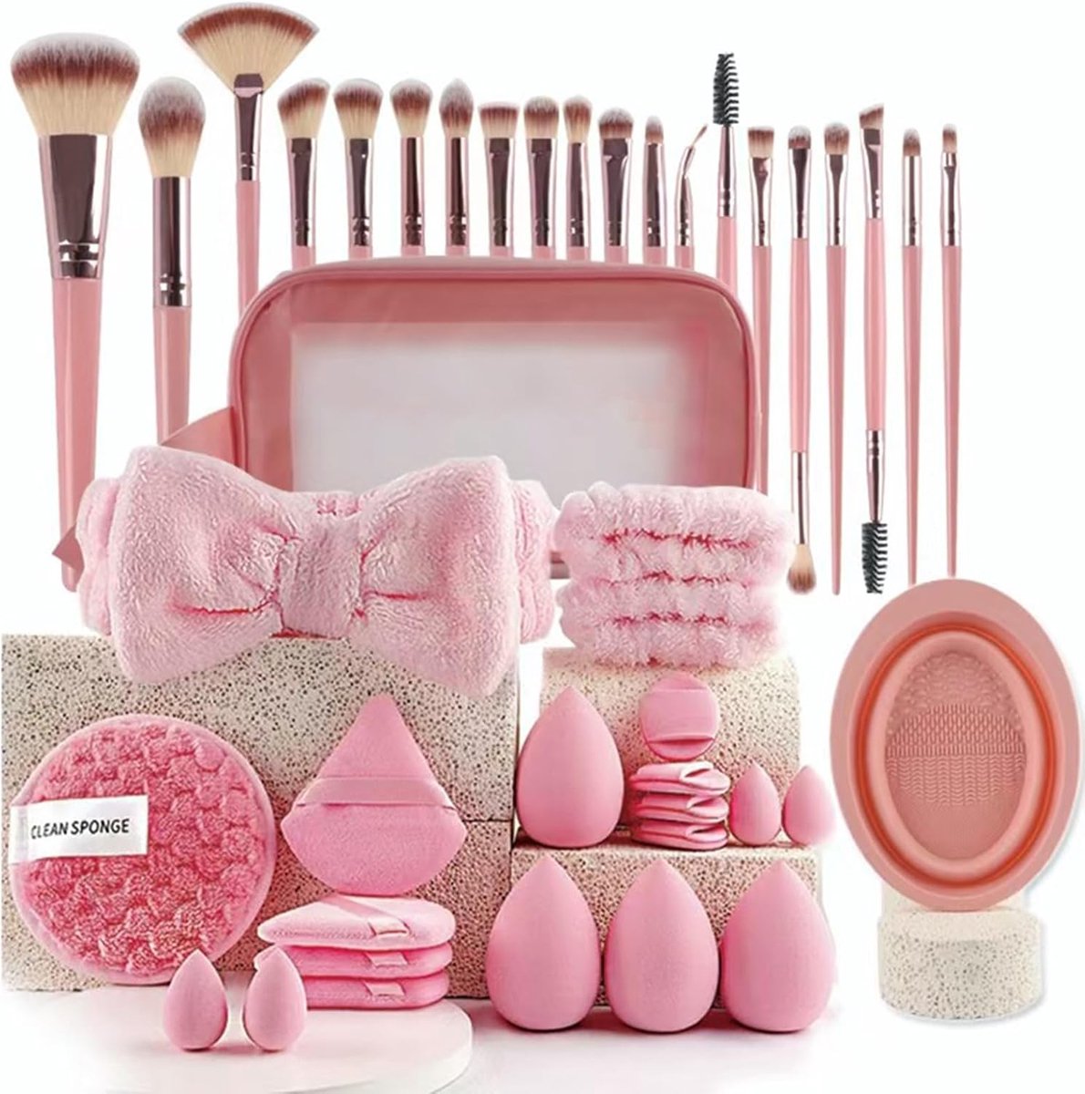 42-delige make-upkwastenset met tas, hoogwaardige make-upkwasten voor foundation, oogschaduw, highlights, contouren, poeder en concealer (roze)