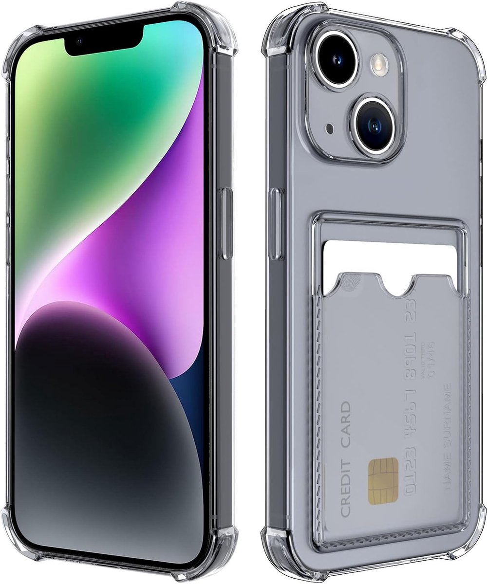 Hoesje voor iPhone 14 Plus met kaartenvak, beschermhoes met transparante siliconen TPU, krasbestendige telefoonhoes, kunststof hoes, zwart