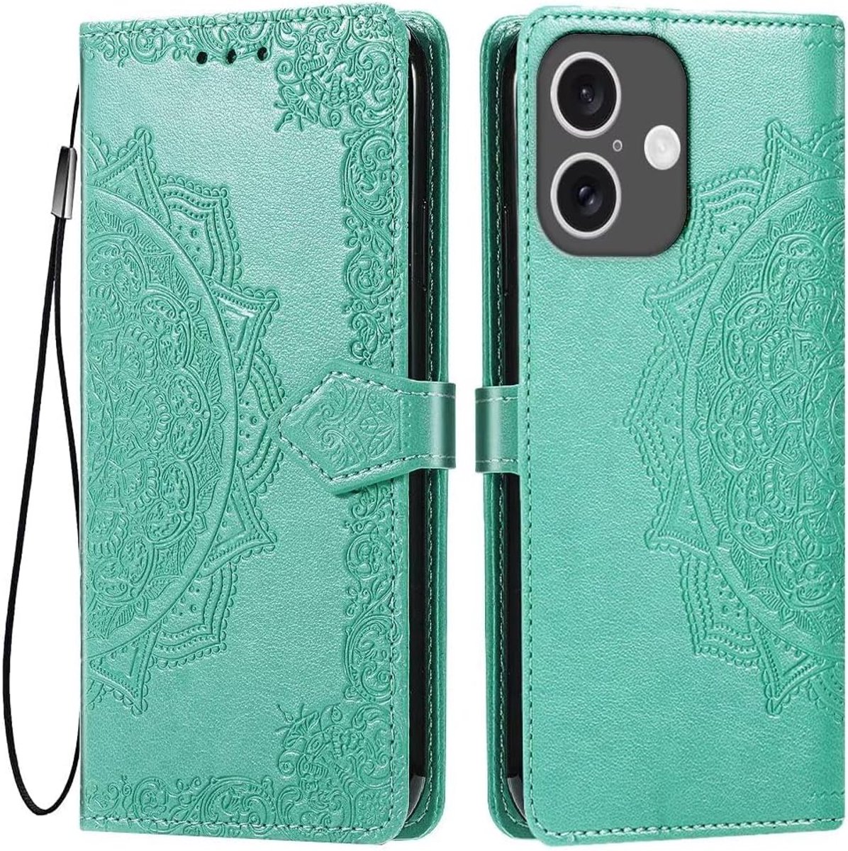 Hoes voor smartphone, compatibel met iPhone 17 telefoonhoes (6,3 inch), premium PU-leren portemonnee, magneetsluiting, flipcase met 3 kaartvakken, mandala-patroon, groen