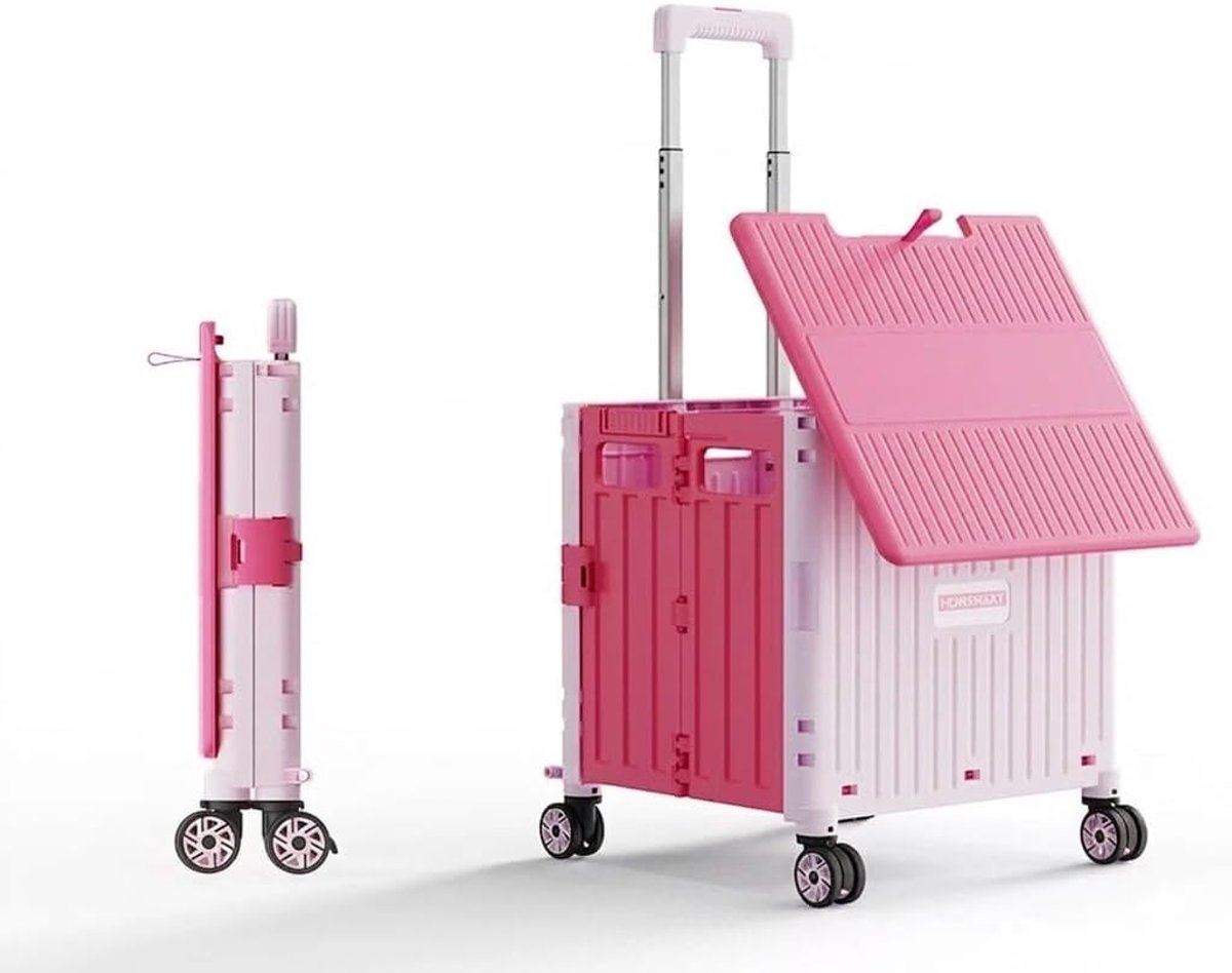 Boodschappentrolley, 65 l, lichtgewicht 4,2 kg, met telescopische handgreep, klapbox op wielen, voor boodschappen en outdoor, roze, 4 wielen