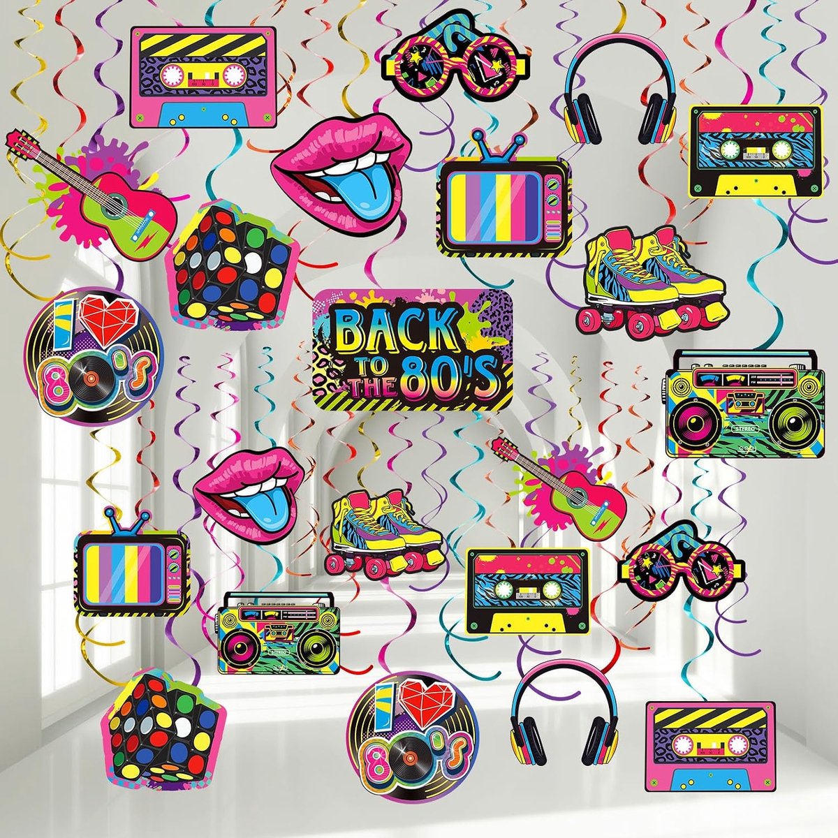 Dailygoods- Verjaardagsdecoraties 53 Stuks - Jaren 80 - Plafonddecoratie - Hiphop-Feest - Retro - Herbruikbaar - Aluminiumfolie Swirl - Feestdecoratie