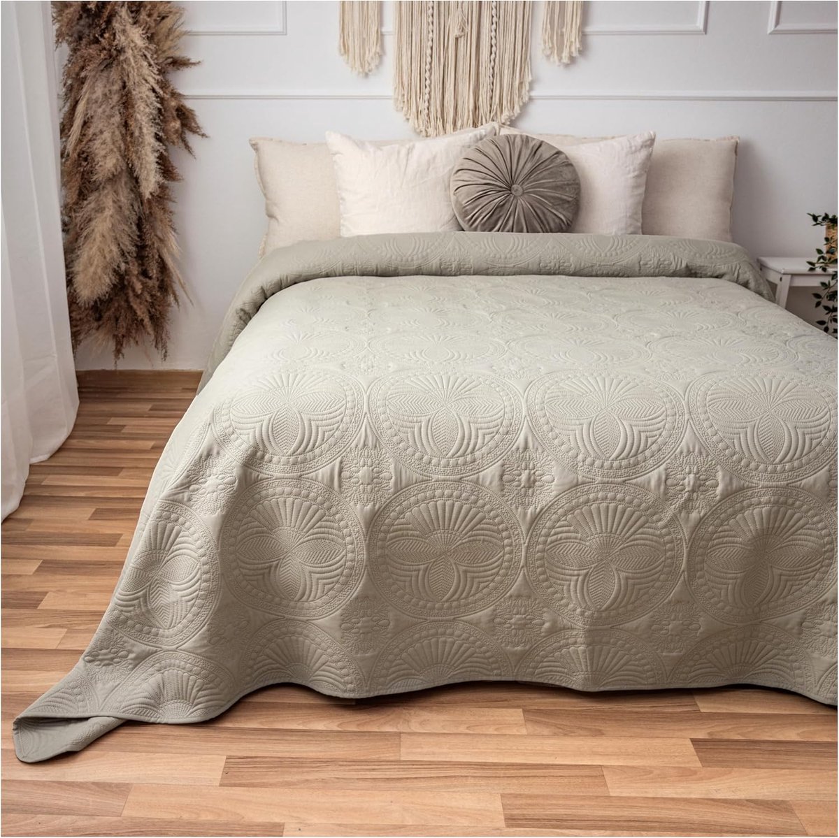 Sprei van 220 x 240 cm, bedsprei, sprei, mandala, bankovertrek, quilt, bankdeken, dagdeken, bedhoes, XXL, doorgestikt, linnen beige