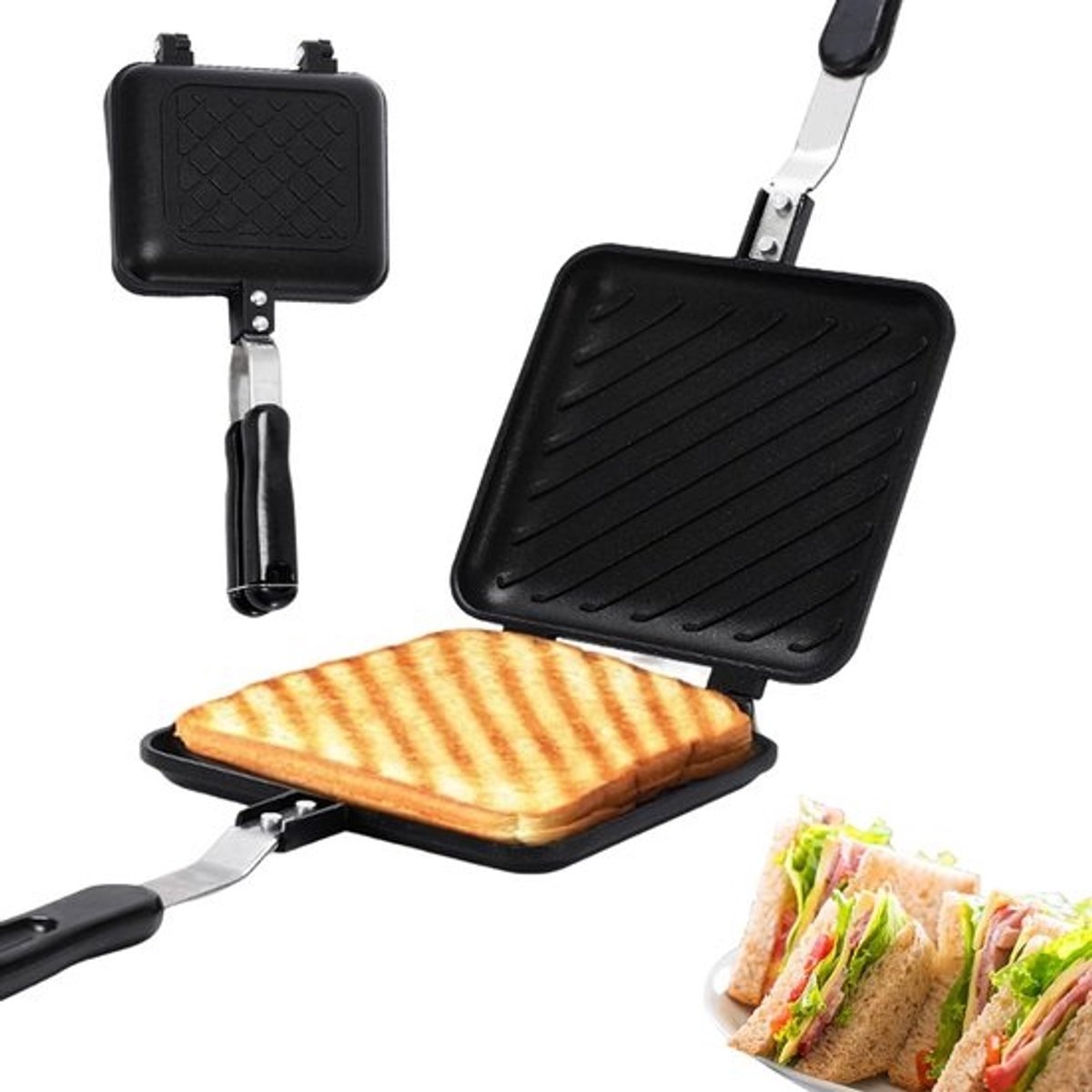 Non-stick Geroosterde Sandwich Maker Camping Broodrooster Snelle Verwarming Dubbelzijdige Druk Met Antislip Anti-Brandwonden Handvat voor Brood Ontbijt