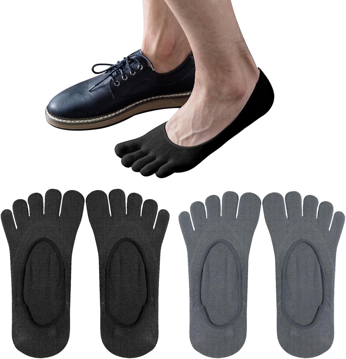 Sokken 2 paar katoenen teensokken voor heren, enkelsokken, antislip, onzichtbare sneakersokken voor loafers en sneakerschoenen, maat 34-42, Zwart en grijs, 40-42 EU