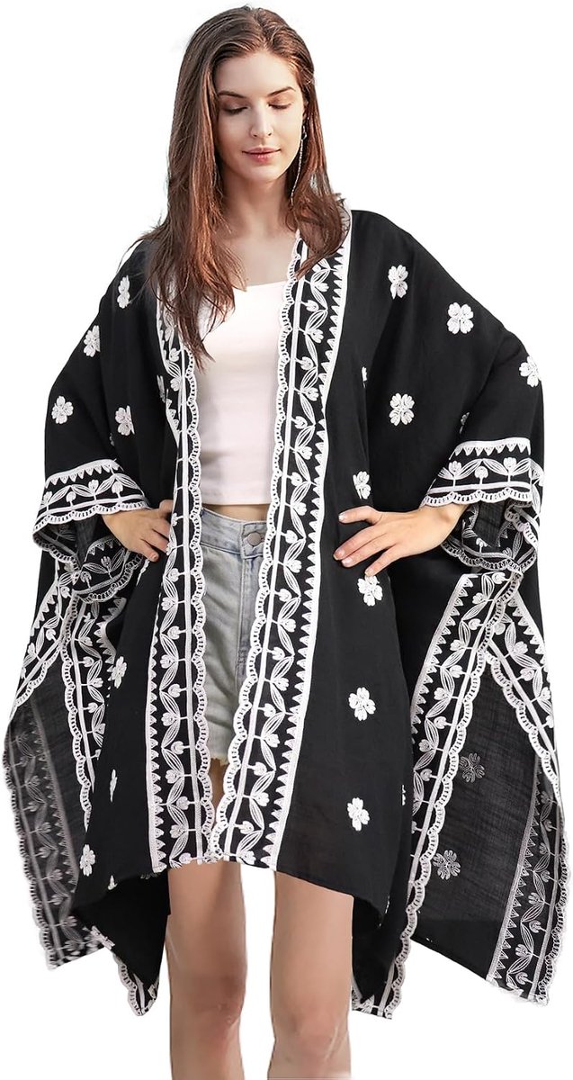 geborduurde bloemen kimono strand dames losse kaftan boho strand bikini cover up lange shawl voor dames