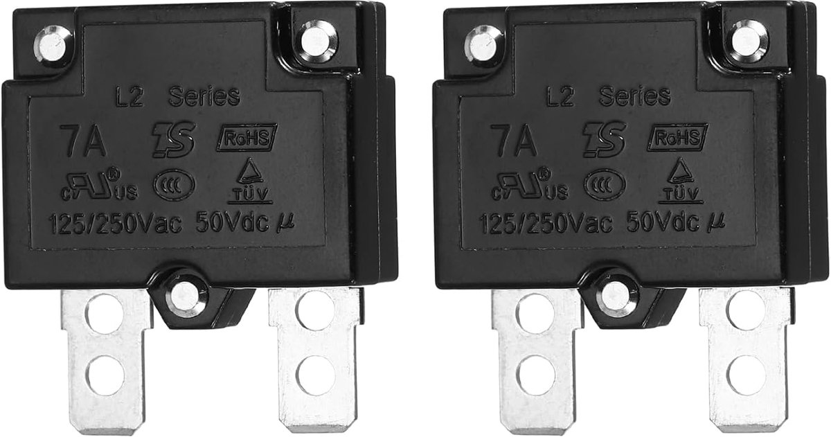 Thermische stroomonderbreker met knop, 7 A, 125/250 V AC, 50 V DC, thermische overbelastingsbeveiliging met automatische herstart voor industriële auto's, 2 stuks