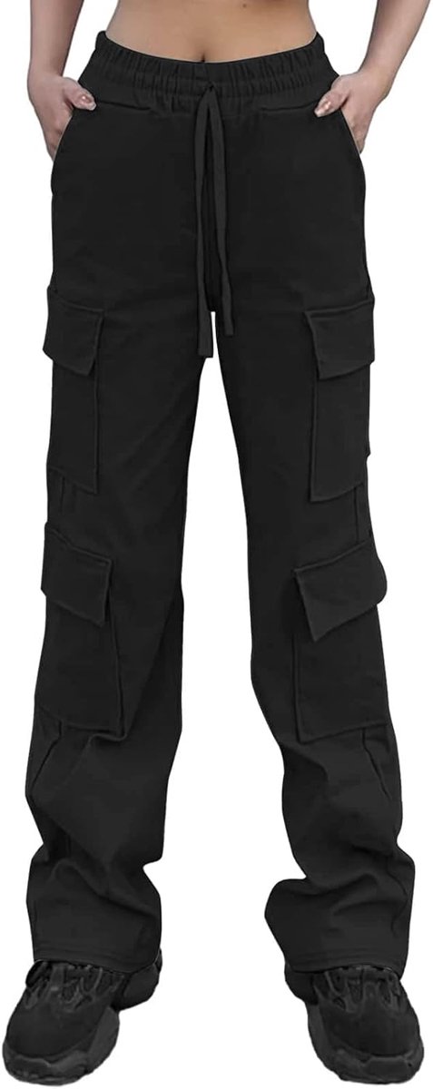 Womens Stretch Cargo Broek met Zakken Utility Elastische Hoge Taille Trekkoord Combat Werkbroek Tiener Meisjes Y2K Streetwear