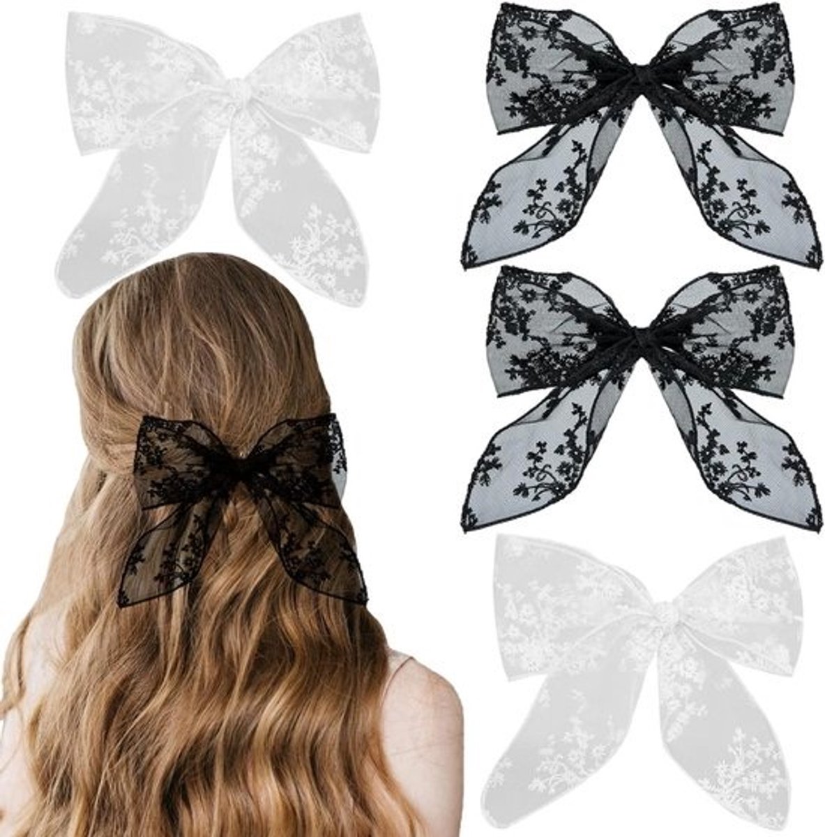 Kanten Haarstrikken - Haarclips Strikken - Feestelijke Aankleding - Handgemaakt Kant - 20 cm Breed - Zwart Wit