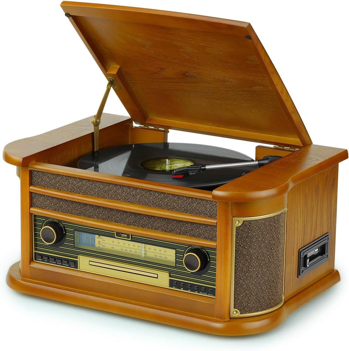 Vinylplatenspeler met luidsprekers, stereo-audiosysteem met CD, cassette, FM-radio, USB-opname, AUX-ingang, RCA-uitgang, 33/45/78 omw/min