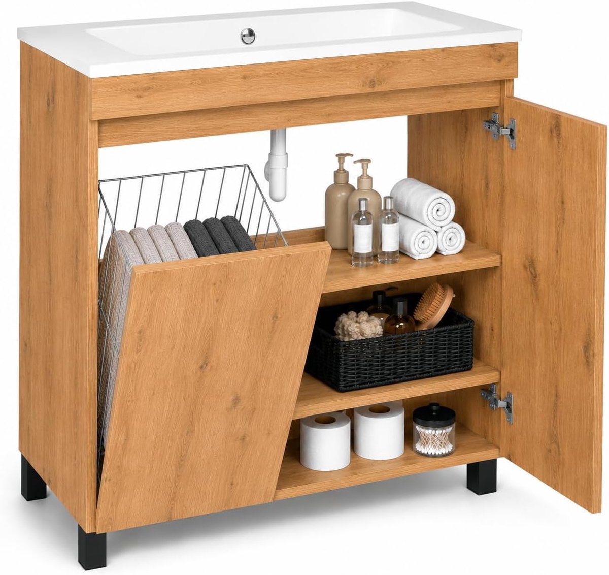Wastafelkast 80 cm met wastafel Ribera, hangend of staand, voor de badkamer, Soft Close, wasmand, set badkamermeubels met wastafel, extra planken. (Dąb Lancelot, 80)