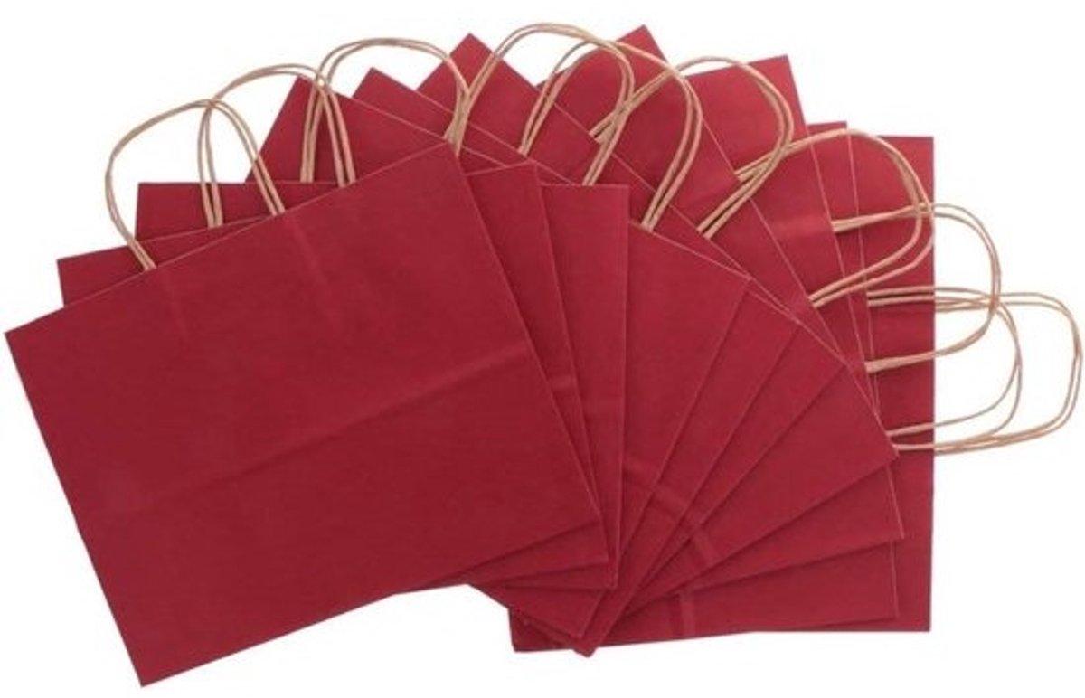 Papieren Geschenktasjes - Cadeauzakjes Kraft - Feestelijke Presentatie - Met Verdraaide Handgreep - Maat L 32x25x11cm - Donkerrood