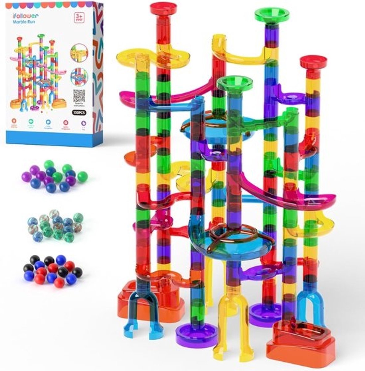 Knikkerbaan 150 stuks - Denkspel Geduldspel - Creatief Bouwen - Dubbel Spel - 43 cm Hoog - Multicolor