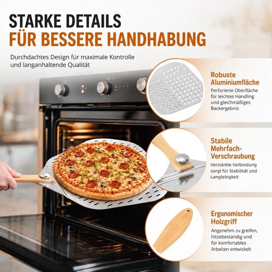 Aluminium pizzaschep van roestvrij aluminium, pizzaschep, professionele pizzaschep, XXL pizzaschep met gevormde gaten, pizzaschep (zilver) — afbeelding 5