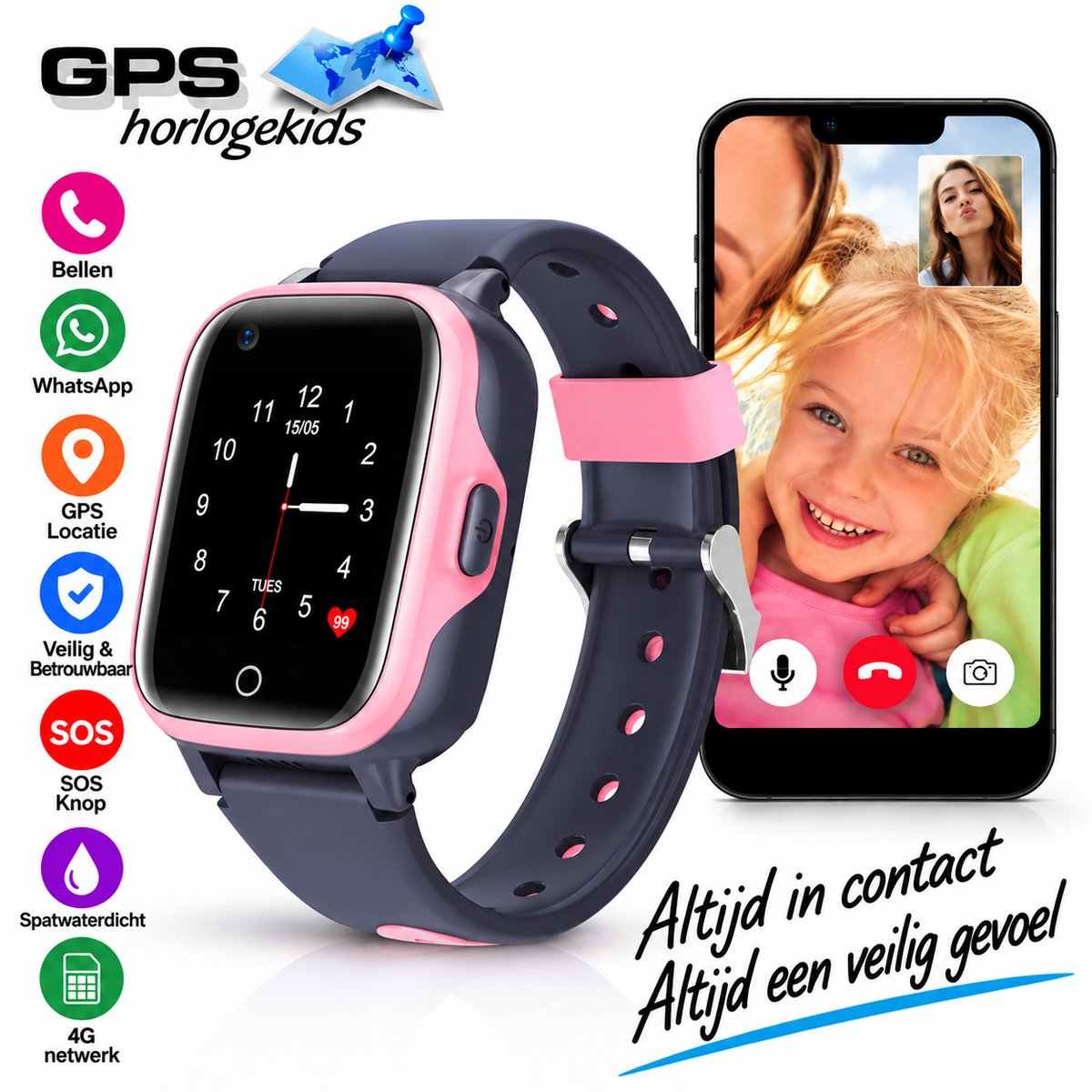 GPSHorlogeKids - GPS horloge kind – smartwatch kinderen – WhatsApp – 4G videobellen – spatwaterdicht – GPS tracker – SOS alarm – incl. simkaart en online installatie hulp – Fox Roze