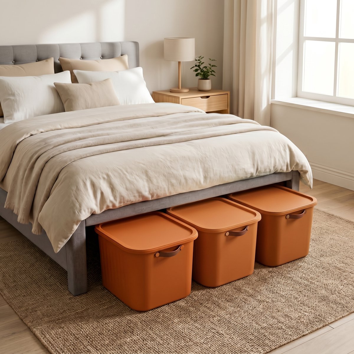 INDECOR-Opbergbox 20 Liter Set van 3 met Deksel – BPA-vrije Stapelbare Opbergdozen met Handgrepen – Opbergmanden voor Kleding, Speelgoed en Accessoires – Terracotta