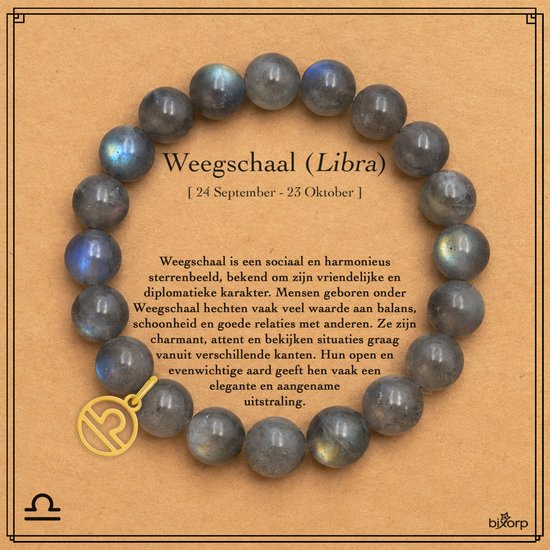Labradoriet kralenarmband voor Weegschaal met gouden Weegschaal-bedel.