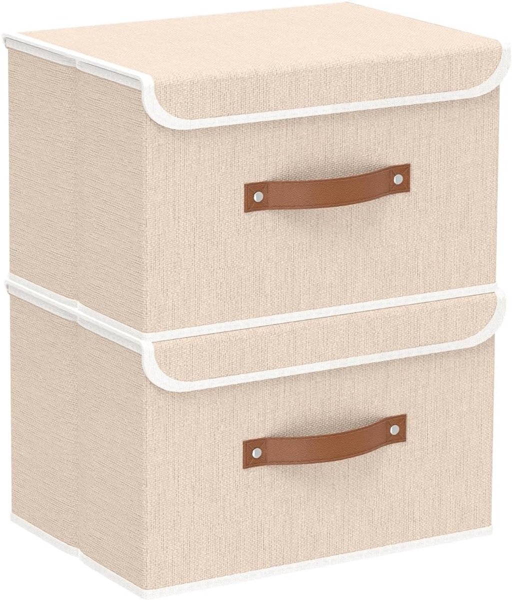 2-Delige Opbergdozen met Deksel, Opvouwbare Stoffen Boxen, Wasbaar, voor Slaapkamer, Kleding Opbergen, 26x20x17cm,Beige, SNK018BEN-2