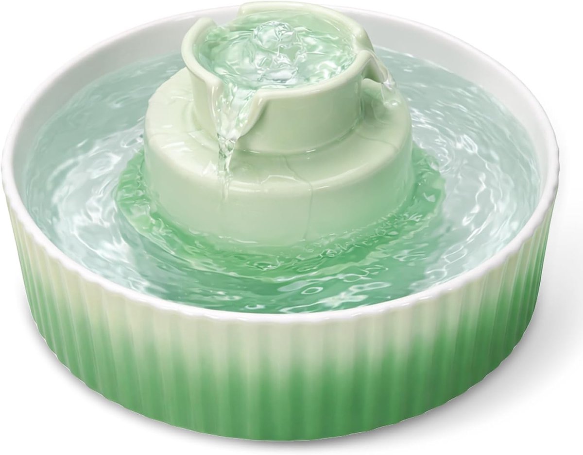 keramiek, 2,1 l, drinkfontein voor katten, keramiek, stille waterdispenser, waterpomp met katoenen actieve koolfilter, kattenfontein voor meerdere huisdieren (groen verloop)