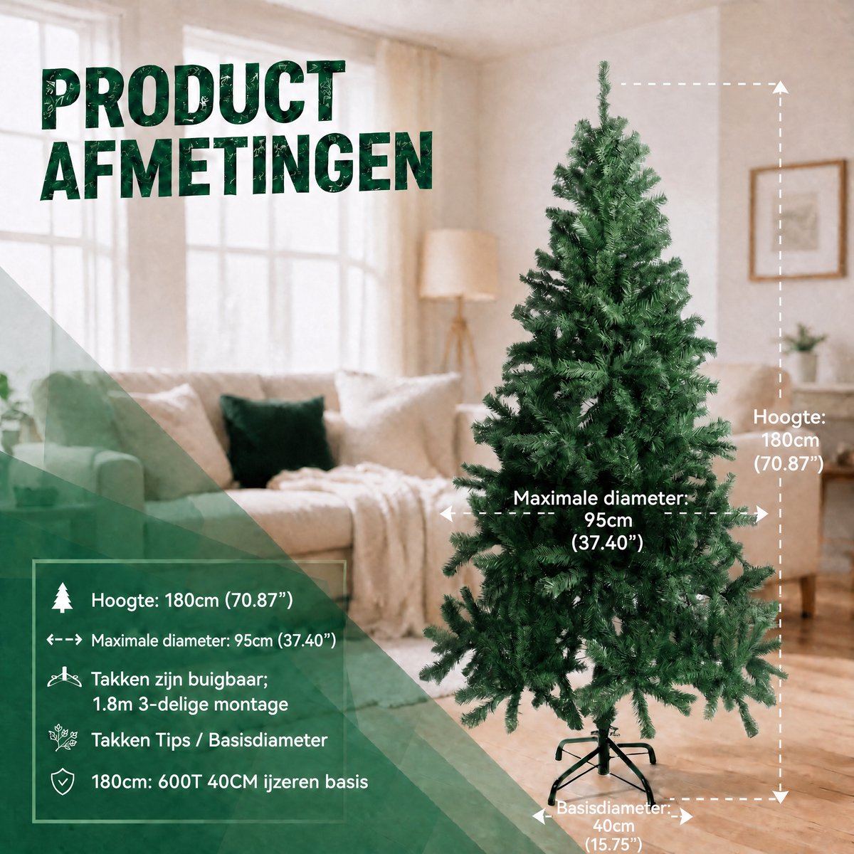Arvioo Kunstkerstboom-180cm-Groen-PVC-Buigbare takken-IJzeren voet – foto 4