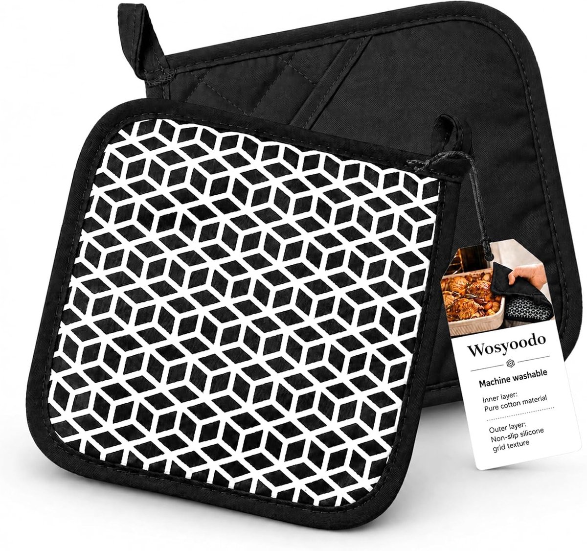 Pannenlappen - Zwart - 20 x 20 cm - Katoen met Siliconen Antislip - Voor Koken en Bakken